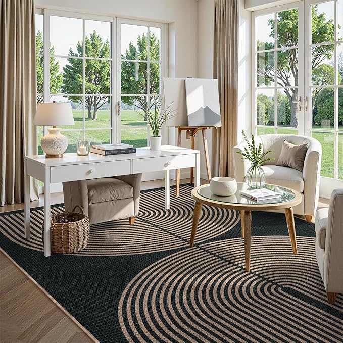 Lahome Enfys Modern Rainbow Easy Jute Rug, Washable Rugs 8x10 for Living Room Indoor Outdoor Patio Farmhouse Large Carpet, Contemporary Non Slip Black Carpet for Bedroom Backyard Office Decor