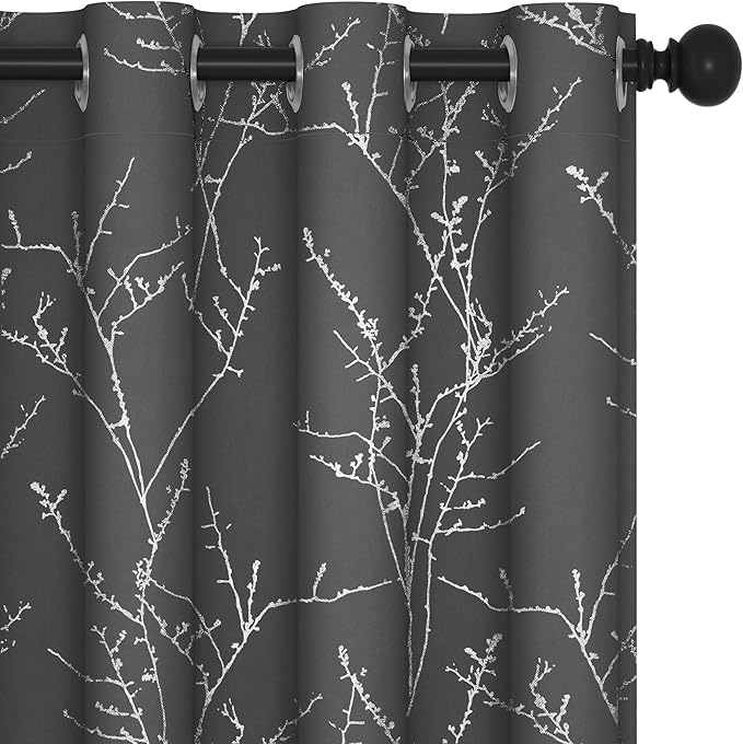 Deconovo Grey Blackout Curtains, Thermal Insulated Soundproof Drapes, Silver Branch Foil Print, 52 x 72 Inch, 2 Panels, Machine‑Washable Privacy Window Panel for Living Room Bedroom Nursery Office
