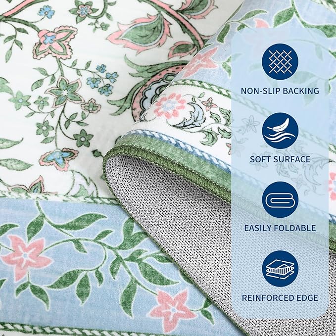 GarveeHome Blue Green Pink 2x3 Door Mat Indoor Rugs for Entryway Provence Small Botanical Grove Cottage core Washable Non-Slip Low-Pile Rug for Bedroom Bathroom Entrance TPE Backing
