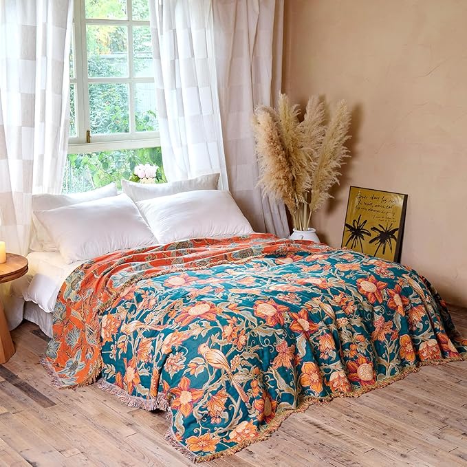 MSGKV Boho Throw Blanket for Couch Chair 100% Cotton Floral Bird Blanket 50"x60" Sofa Blankets Muslin Spring Breathable Lightweight Farmhouse Blankets Home Decor All Seasons