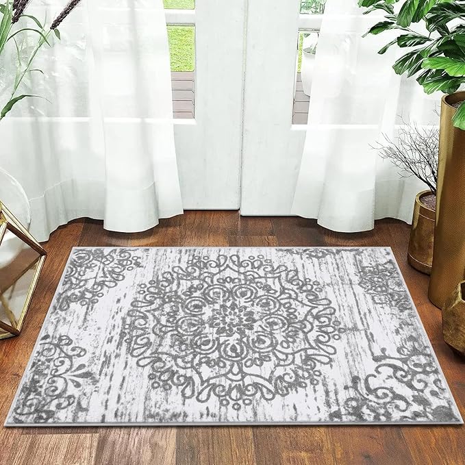 HEBE Washable Area Rug - 2'x3' Non Slip Soft Distressed Medallion Bedroom Boho Living Room Accent Throw Vintage Entry Floor Carpet for Dining Room Bathroom Entryway