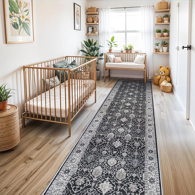 3x12 Washable Hallway Runner Rug: Oriental Long Ultra Soft Runners for Kitchen Entryway Thin Non Slip Bathroom Nursery Floor Mat Water Resistant Low Pile Carpet for Living Room Bedroom (Black,3x12)