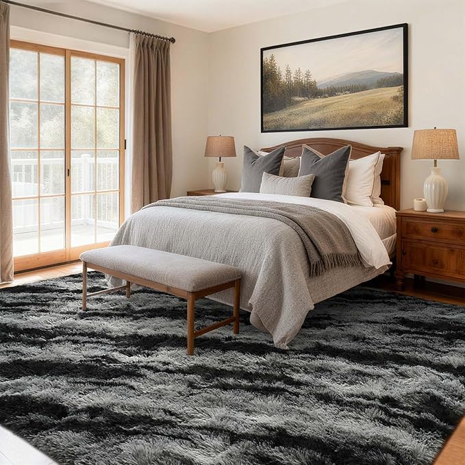 Area Rugs for Living Room, 4x6 Feet Soft Fluffy Shagg Plush Rug High Pile Large Non-Slip Floor Carpet for Bedroom Nursery Dorm Decor Aesthetic Black