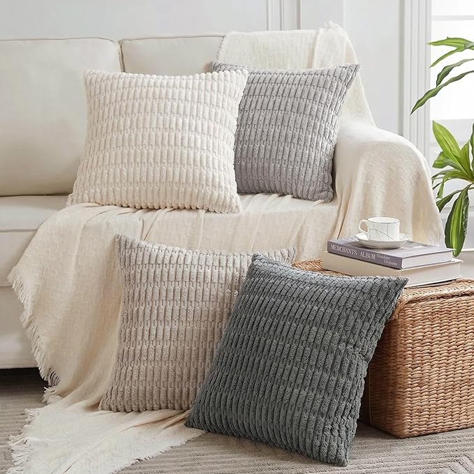 Fancy Homi Set of 4 Grey and White Boho Decorative Throw Pillow Covers 24x24 Inch for Couch Bed Sofa, Aesthetic Modern Bohemian Room Decor, Soft Fuzzy Fluffy Cozy Corduroy Cushion Case 60x60cm