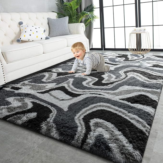 TWINNIS Super Soft Shaggy Rugs Fluffy Carpets, 4x5.9 Feet, Indoor Modern Plush Area Rugs for Living Room Bedroom Kids Room Nursery Home Decor, Upgrade Anti-Skid Rectangular Fuzzy Rug, Grey Black