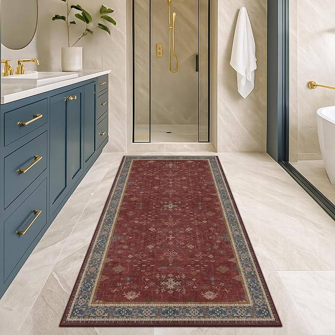 Boho 2x5 Small Kitchen Runners Rugs Non Slip - Washable Soft Area Rugs for Bedroom, Floral Non Skid Runner Carpet for Bathroom, Laundry Room, Hallway, Entryway (Dark Red)