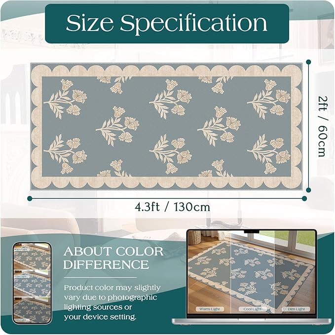 Front Door Mat Indoor Entrance - 2x4.3 Ft Floral Washable Layered Doormat Outdoor Entrance Porch Rug Non-Slip Blue Retro Farmhouse Runner Rug for Kitchen Bedroom Laundry Room Porch Decor