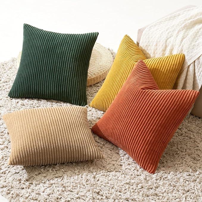 MIULEE Pack of 4 Green-Rust Corduroy Decorative Throw Pillow Covers 18x18 Inch Soft Boho Striped Pillow Covers Modern Farmhouse Home Decor for Winter Sofa Living Room Couch Bed