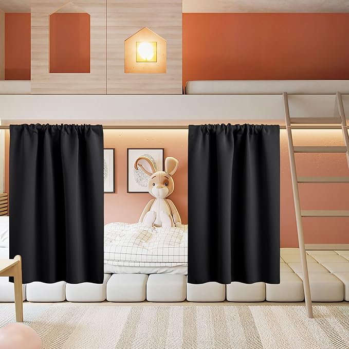 RYB HOME Half Curtain Tiers 36 inch Length, Rod Pocket Summer Heat Blocking Thermal Insulated Short Blackout Curtains for Small Window, Width 34 by Length 36, Black, 2 Panels
