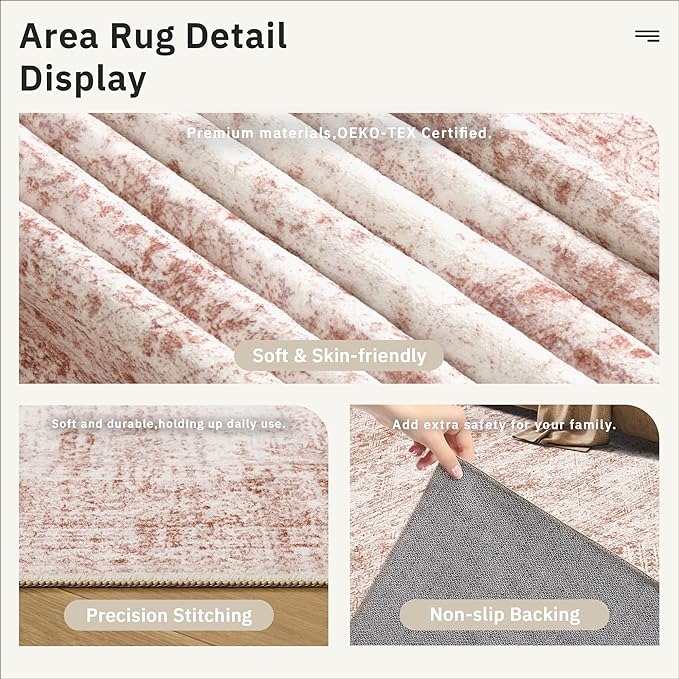 Soalmost 9x12 Area Rugs for Living Room, Non Slip Machine Washable Vintage Rugs, Low Pile Lightweight Large Rug for Bedroom, Dining Room, Home Office Pink