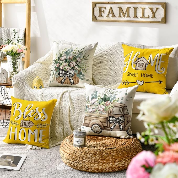 AVOIN colorlife Bless Our Home Farmhouse Eucalyptus Leaves Throw Pillow Covers, 20 x 20 Inch Yellow Truck Home Sweet Cushion Case Decorations Set of 4
