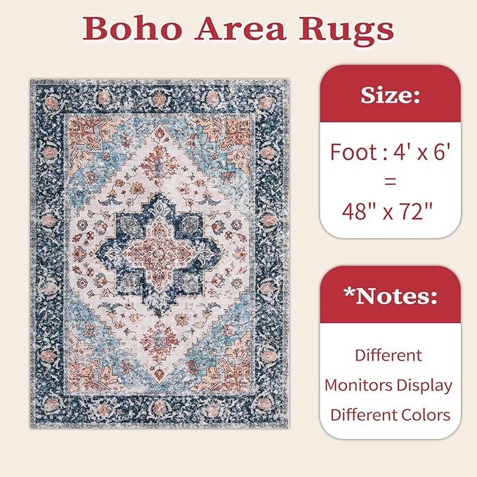 SERISSA 4x6 Boho Bedroom Rug, Washable Non Slip Vintage Blue Orange Area Rugs, Ultra Soft Print Distressed Tribal Entry Rug Low-Pile Throw Carpet for Nursery Dorm Kitchen Living Room Decor