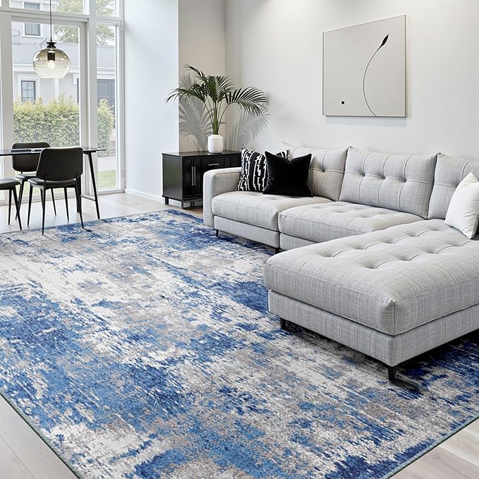 Washable Area Rugs 6'x8' Non-Slip Modern Abstract Soft for Living Room Entryway Bedroom Nursery, Print Pattern, Blue Grey Navy Gray