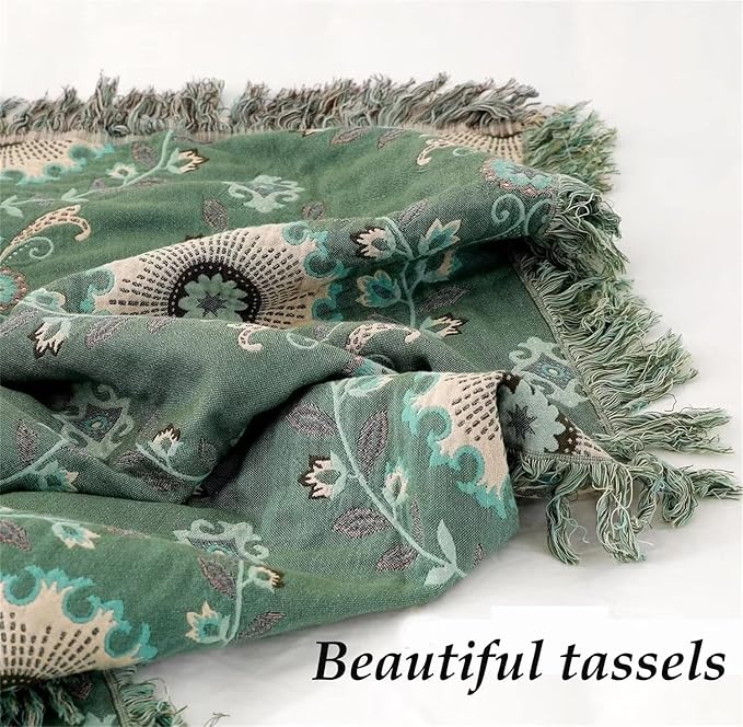 MSGKV Boho Throw Blanket for Couch Bed 60''x80'', 100% Cotton Blankets Woven Green Blanket Spring Reversible Spring Breathable Lightweight Decorative Throws