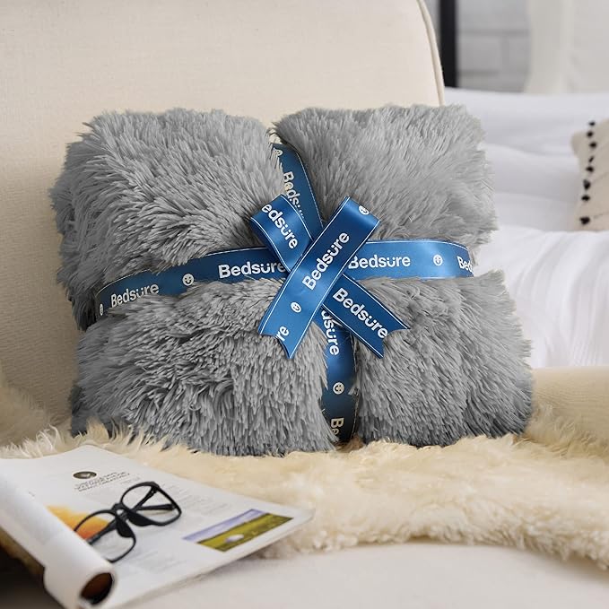 Bedsure GentleSoft Fluffy Grey Blankets Queen Size for Bed, Thick Sherpa Faux Fur Fleece Fuzzy Plush Winter Warm Heavy Soft Queen Blankets, Bedroom Decor Grey Gifts Cozy Gifts for Women Men, 90x90