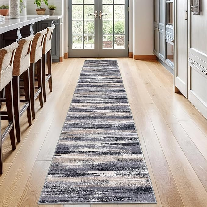 Lansny Modern Abstract Runner Rug 2x12, Grey Black Multi Washable Long Kitchen Runner Non-Slip Soft Hallway Rug Runner Thin Print Faux Wool Carpet for Entryway Bedroom Laundry Room Indoor Home Decor