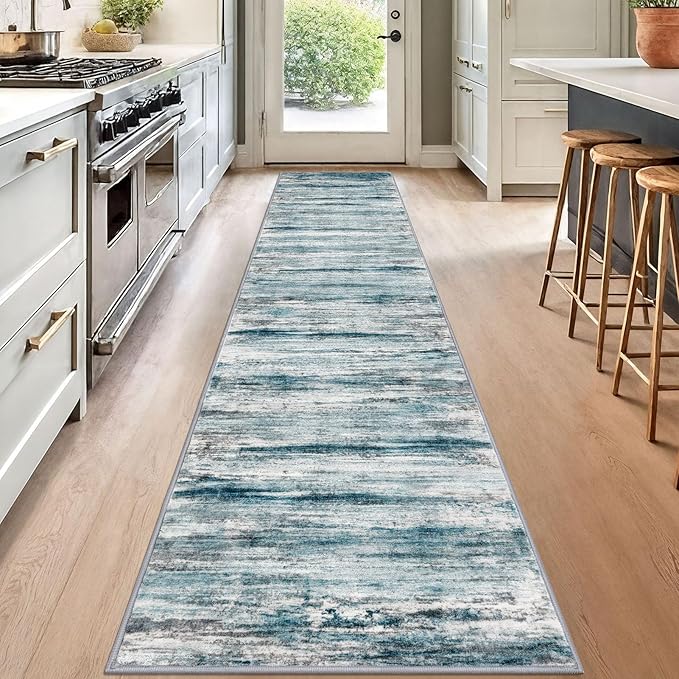 KOZYFLY Modern Abstract Hallway Runner, 2x12 Washable Rug Runner Non-Slip Soft Striped Kitchen Runner Rug, Light Blue Print Carpet for Entryway Bathroom Laundry Room Foyer