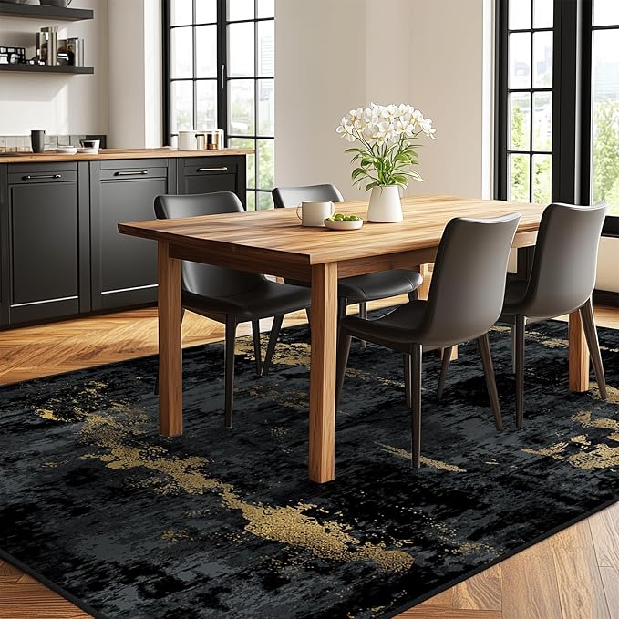 Washable Area Rugs 6'x8' Non-Slip Modern Abstract Soft for Living Room Entryway Bedroom Nursery, Print Pattern, Dark Black Gold