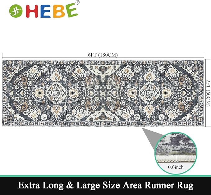 HEBE Hallway Runner Rug 2'x6' Washable Vintage Distressed Area Rugs Non Slip Laundry Rug Runner Boho Floor Carpet Runners for Hallways Entryway Laundry Room Kitchen Bathroom
