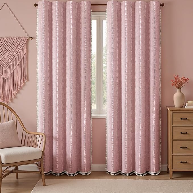 Boho Blackout Curtains 2 Panels 84 Inch for Living Room Bedroom,Pink Linen Texture Farmhouse Curtains with Tassels and Cotton Embroidery Vintage Rustic Western Rod Pocket