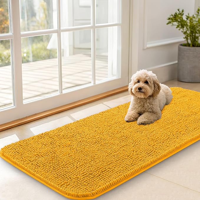 OLANLY Dog Door Mat for Muddy Paws 47x20, Absorbs Moisture and Dirt, Absorbent Non-Slip Washable Doormat, Quick Dry Chenille Mud Mat, Entry Indoor Entryway Carpet for Inside Floor, Golden Yellow