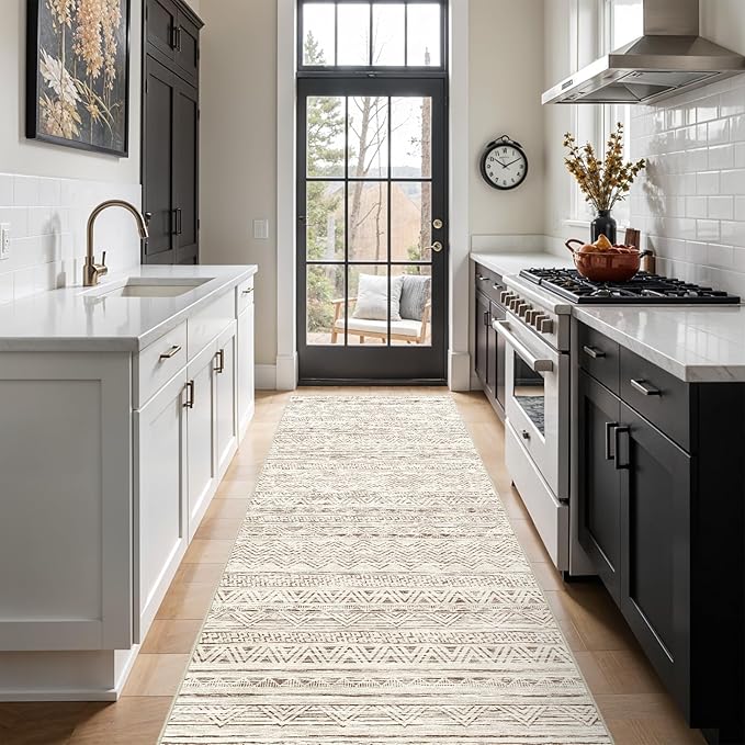 3x7 Washable Hallway Runner Rug - Moroccan Non-Slip Indoor Table Long Runners for Entryway Soft Low-Pile Neutral Rugs for Kitchen Waterproof Geometric Carpet for Bedroom Bathroom Laundry 3x7 Beige