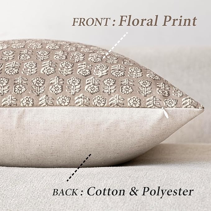 Foindtower Set of 2 Decorative Vintage Floral Print Throw Pillow Covers Neutral Modern Farmhouse Cushion Covers Boho Home Decor for Sofa Couch Chair Bedroom Living Room,22×22 Inch,Tan Taupe