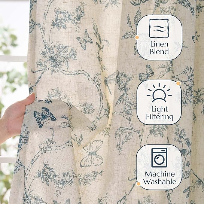 jinchan Floral Curtains Lined Linen Blend Curtain for Living Room 96 Inch Length Blue Flower Patterned Curtain French Country Farmhouse Curtains Drapes Back Tab Rod Pocket 2 Panels