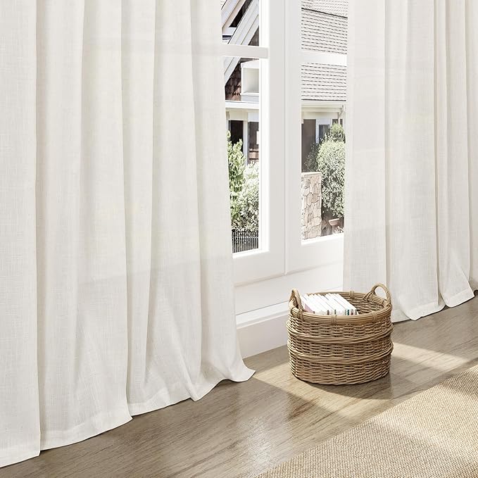 Beige White Linen Curtains 108 Inches Long for Living Room Bedroom 2 Panels Set Extra Long Back Tab Curtain Light Filtering Semi Sheer Drapes Floor to Ceiling Curtains for Large Windows 52x108