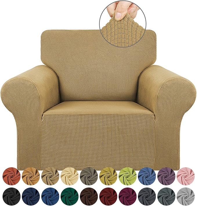 KEKUOU Stretch Single Sofa Slipcover 1 Piece Couch Sofa Cover (31"-55") Furniture Protector 1 Seater Sofa with Elastic Bottom for Kids,Pet.Jacquard Small Checked Pattern Fabric(Small,Tan)