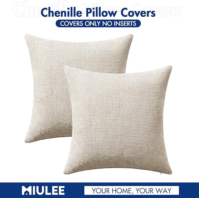 MIULEE Pack of 2 Euro Sham Pillow Covers 24x24 Inch Neutral Beige Modern Boho Accent Decorative Throw Pillow Covers Soft Chenille Farmhouse Cushion Covers for Home Decor Couch Bed Sofa Living Room