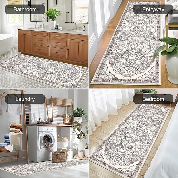 HEBE Hallway Runner Rug 2'x6' Washable Vintage Distressed Area Rugs Non Slip Laundry Rug Runner Boho Floor Carpet Runners for Hallways Entryway Laundry Room Kitchen Bathroom