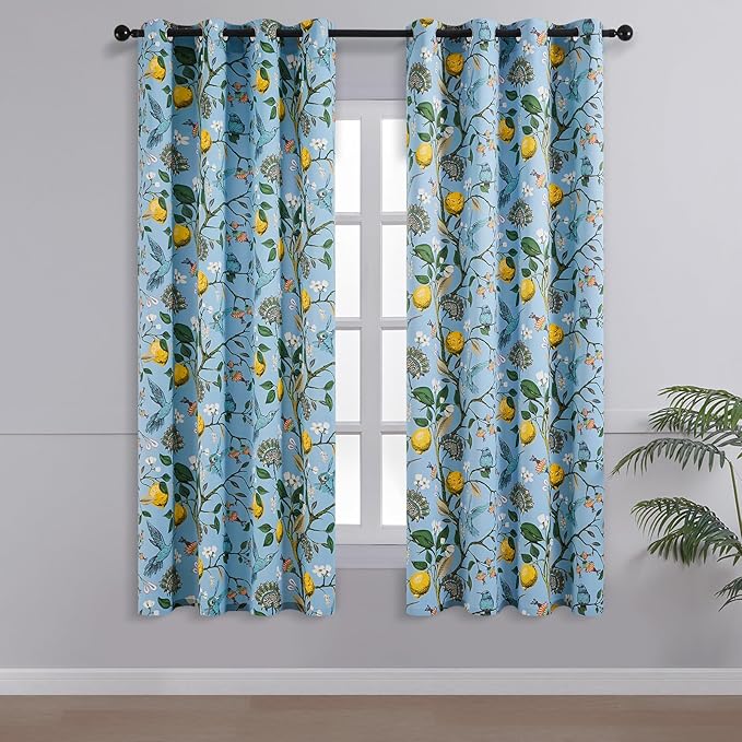 Topfinel Kitchen Curtains 45 Inch Length Blue Vintage Blackout Curtains for Cafe Kitchen, Short Grommet Luxury Whimsical Floral Hummingbird Patterned 45 Inches Long for Living Room Bedroom