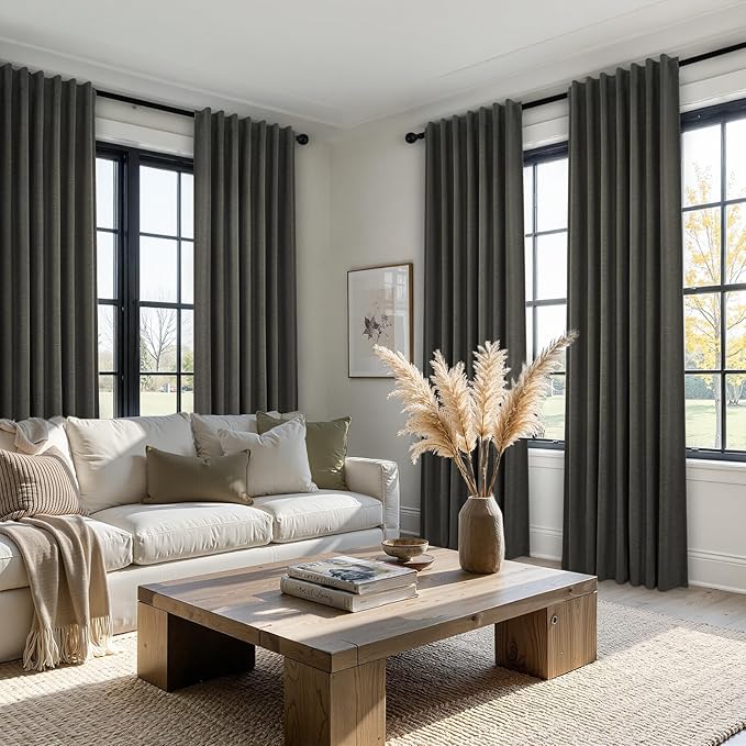 Topfinel 105 Inch Long Linen Blackout Curtains for Bedroom 2 Panels Set Modern Natural Linen Back Tab Pleated Floor to Ceiling Thermal Drapes Hooks Rings 105 in Window Drapes 100% Black Out Dark Gray