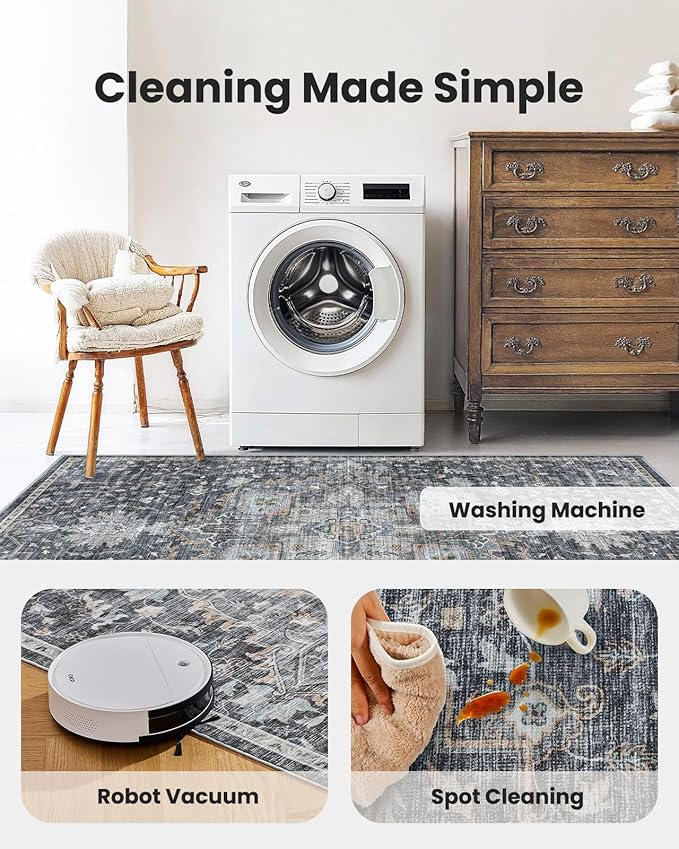 AMADA HOMEFURNISHING 9x12 Washable Area Rug, Low-Profile Large Area Rug with Non-Slip Backing & Durable Edge Binding, Vintage Large Rugs for Living Room, Bedroom & Dining Room