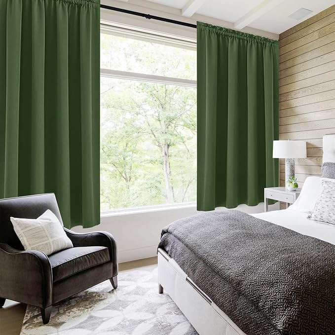 DWCN Blackout Curtains for Living Room Thermal Insulated, Energy Saving & Noise Reducing Bedroom Curtains, Olive Green, W 52x L 36 Inch, Set of 2 Rod Pocket Curtain Panels