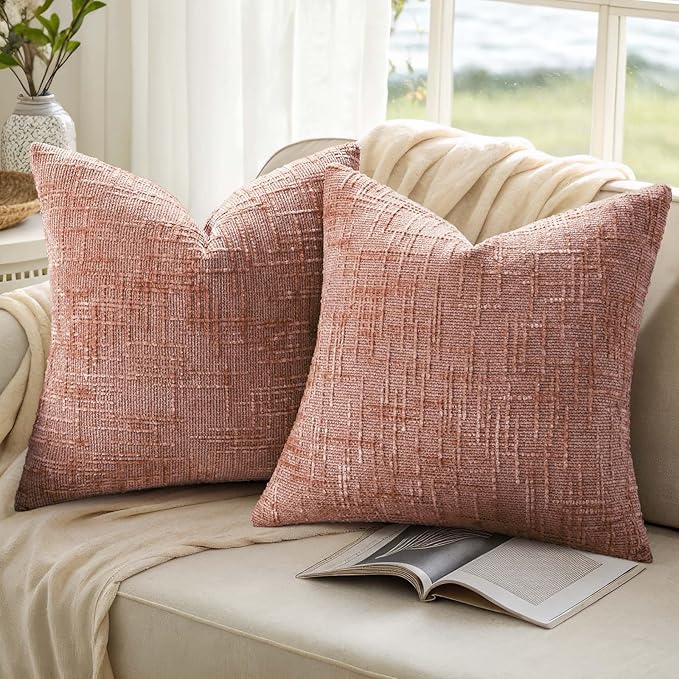 decorUhome Summer Pink Chenille Euro Sham Throw Pillow Covers 22x22 Set of 2 Textured Soft Cozy Slubby Couch Pillow Covers Modern Farmhouse Boho Decorative Pillow Cases for Bed Sofa Living Room