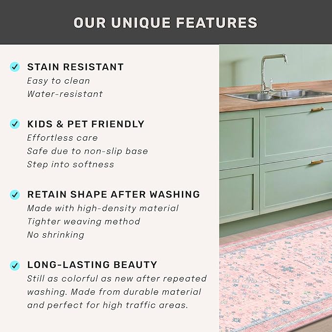 Washable Pink and Blue 7x10 Oushak Rugs for Bedroom Girls Dorm Living Room, Modern Floral Aethestic Distressed Design, Soft Low Pile Non Slip Stain Resistance Carpet