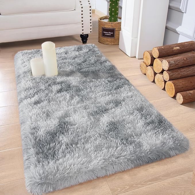Chicrug Soft Runner Rugs for Bedroom Living Room Plush Fluffy Rug 2x4 Feet, Shag Furry Area Rug Carpet Non Shedding for Nursery Children Kids Girls Room Home Decorative, Grey and White
