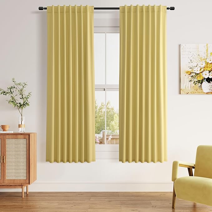 Guken Yellow 100% Blackout Linen Curtains 63 Inch Length 2 Panels Set for Living Room Bedroom Back Tab/Rod Pocket Thermal Insulated Black Out Drapes Room Darkening Farmhouse Window Curtains