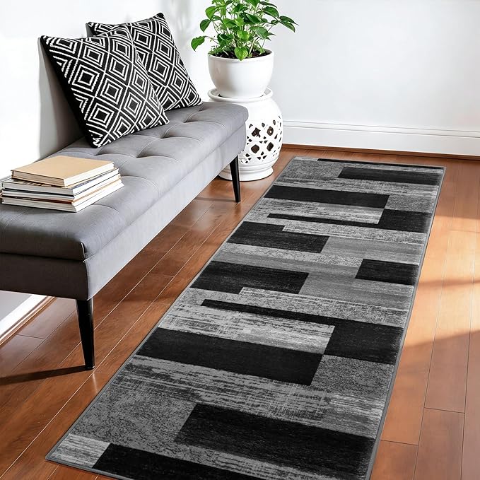LIANLAM 2x6 Washable Runner Rug for Hallway&Kitchen,Non-Slip Long Carpet with Vintage Checkered Design,Ultra-Thin Low Pile,Stain Resistant Easy Clean Floor Mat for High Traffic Areas(2x6,Gray)