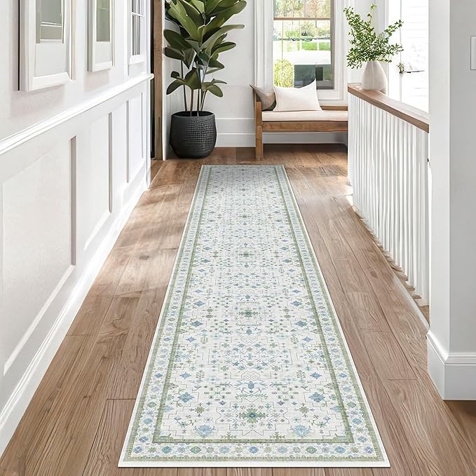 Hazo Haus Oushak Runner 2x10 Hallway Rug - Floral Pastel Boho, Washable Low Pile Non Slip Extra Long Runner Rugs for Kitchen, Hall Way - Cream Blue and Green