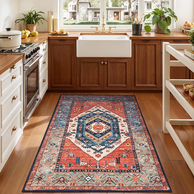 SERISSA Boho Area Rugs for Entryway, 3x4 Washable Non-Slip Kitchen Rug, Ultra Soft Print Distressed Rust Rug Low-Pile Throw Door Mat Indoor Entrance Carpet for Bedroom Living Room Dorm Decor