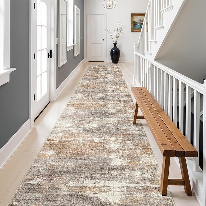 3x20 Washable Kitchen Runner Rug: Modern Abstract Runners for Hallway Soft Non Slip Rugs with Rubber Backing Low Pile Thin Floor Carpet for Entryway Bedroom Bathroom Bedside Indoor(Brown/Brick,3x20)