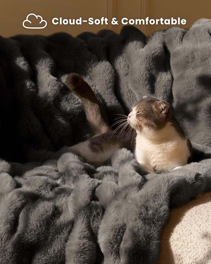 Ultra Soft Cozy Faux Fur Throw Blanket, Fuzzy Plush Thick Bubble Blanket, Oversize Luxury Fluffy Blanket for Couch, Bed, and Living Room, 60x80 Inches, Dark Grey Taupe