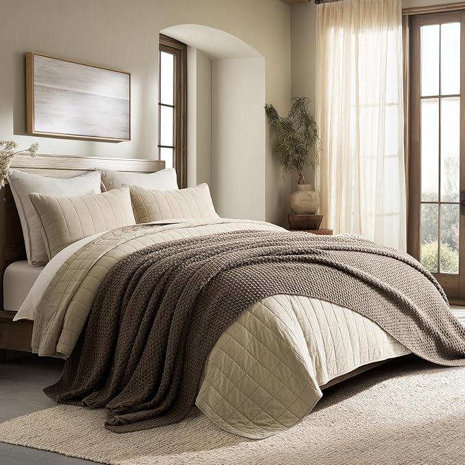 EVERGRACEHOME Chunky Chenille Knit Throw Blanket for Couch, Soft Luxurious Oversized King Moss Stitch Blanket for Bed, Large Cozy Farmhouse Knitted Throw for Sofa, Mocha Brown, 92" x 108"