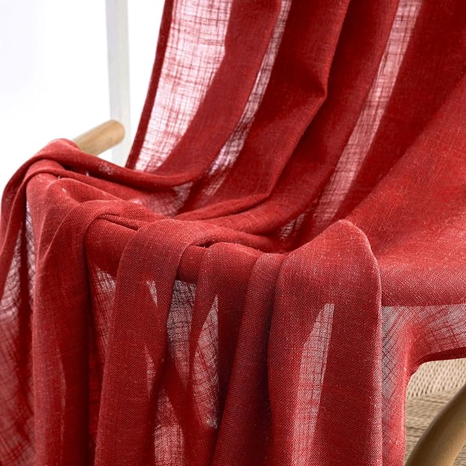 MIULEE Red Linen Short Curtains 63 Inch Length 2 Panels for Kitchen Bedroom, Christmas Soft Thick Linen Textured Window Drapes Living Room Semi Sheer Light Filtering Back Tab Burlap Look Decor