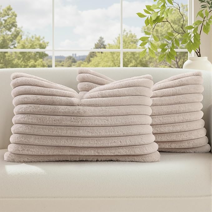 decorUhome Cozy Faux Fur Throw Pillow Covers 12x20 Set of 2 Decorative Soft Plush Striped Lumbar Modern Farmhouse Boho Couch Pillow Cases with Velvet Back for Sofa Bed Living Room, Tan