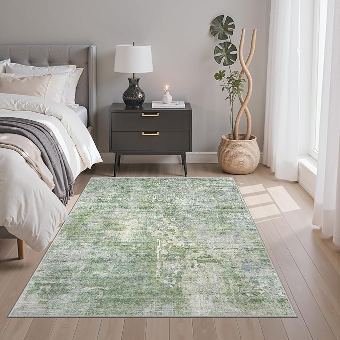 Soalmost Area Rugs 4x6 for Living Room, Vintage Washable Rugs for Dining Room, Kitchen, Non-Slip Area Rug Green Ivory