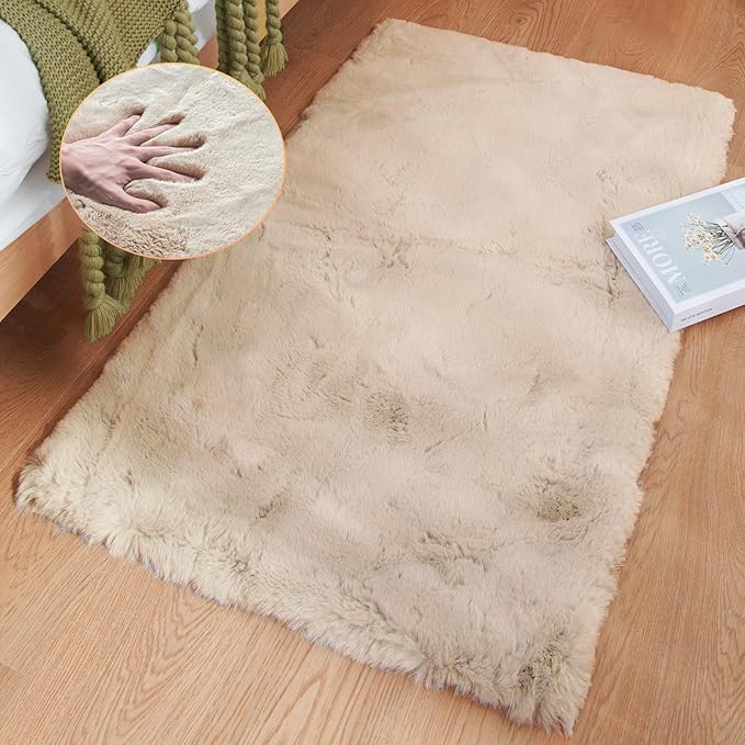 ORINOVA Beige Faux Sheepskin Rabbit Fur Shaggy Rugs for Bedroom Small Shag Washable Fluffy Fur Rug for Living Room Rug 2x3 Nursery Rectange Rugs
